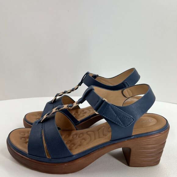 Patrizia Taney Wedge Sandals Womens 9 Comfort T-Strap Slingback Block Heels Blue - Picture 2 of 15